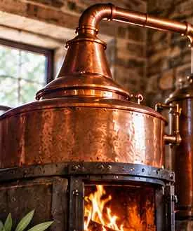 Copper raki still with a wood fire burning underneath